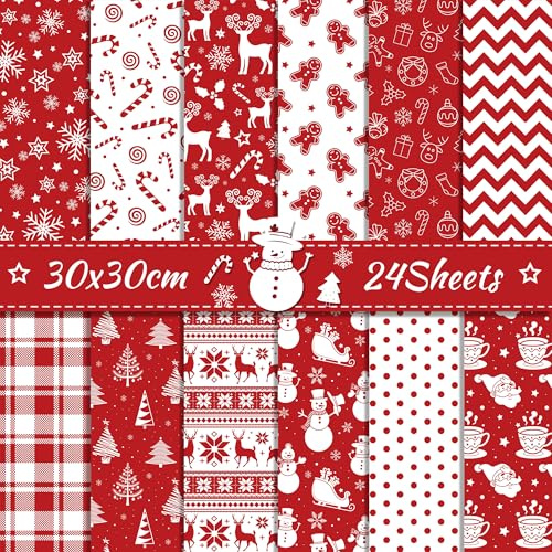 Motivpapier Weihnachten Scrapbook Papier 24 Blatt Rot Origami Weihnachten Bastelpapier Basteln Motivpapier,12 Designs Scrapbook Craft Papier Karte Herstellung DIY Hintergrundpapier,12x12Inch