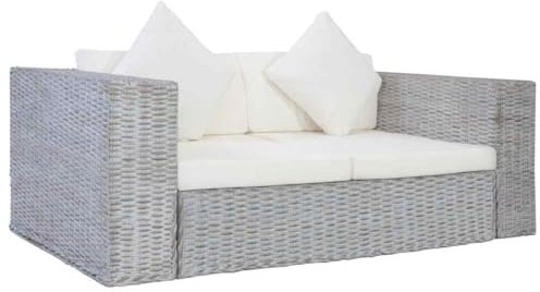 QJBSAVVA 2-Sitzer Rattan Sofa Grau Cremeweiß 162 x 80 x 61 cm aus Kubu-Rattan und Mango-Massivholz mit abnehmbaren Bezügen Modernes kleines Sofa für Wohnzimmer Balkon Jugendzimmer