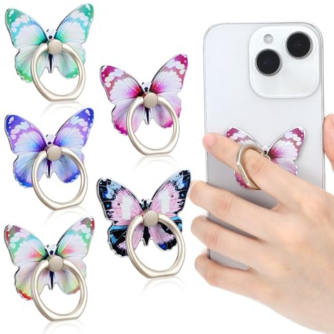 Ouligay 5PCS Butterfly Cell Phone Ring Holder Grip Colored Cute Butterfly Metal Phone Ring Stand 360° Rotating Ring Holder for Phone Case