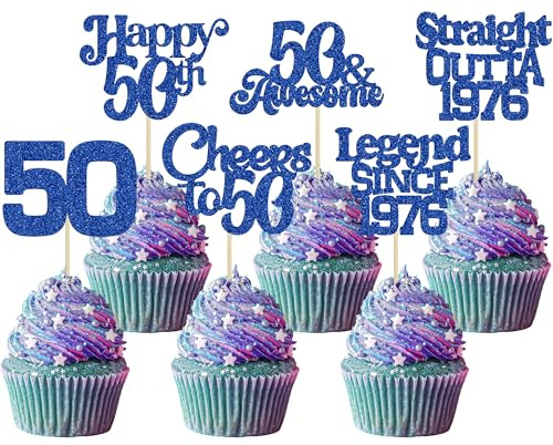 Ephlyn 30Pcs 50th Birthday Cupcake Toppers Glitter Fifty Happy 50th Straight Outta 1976 Cupcake Picks for Cheers to 50 Years Birthday Wedding Anniversary Party Decoration Supplies Black