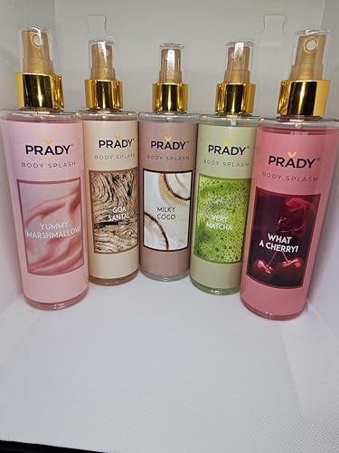 Lot de 5 brumes PRADY Body Splash Collection, Parfums en Vaporisateur, Fragrances What A Cherry, Very Match, Milky Coco, Oak Santal, Yummy Marshmallow