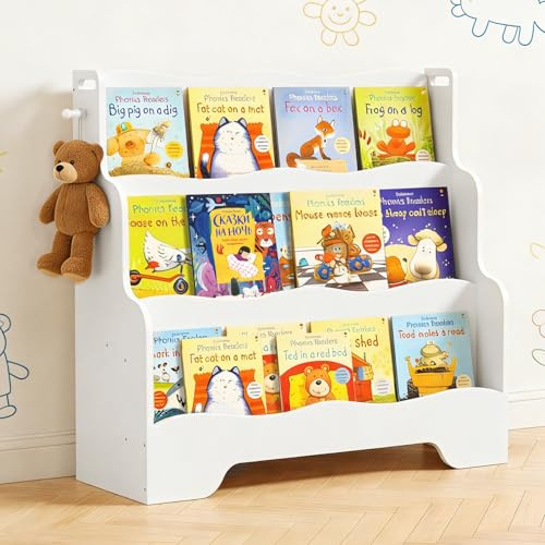 PAMPORPET Bücherregal Kinder Montessori Kinderregal mit 3 Ablagefächern Regal Kinderzimmer Spielzeug Aufbewahrung Büchergestell (Weiß)
