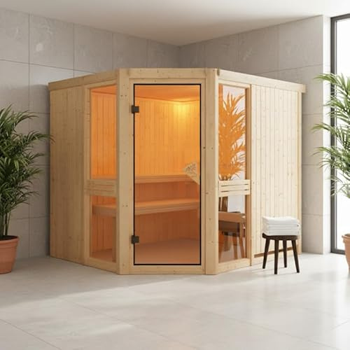Karibu Amelia 3 | Sauna d'Angle Traditionnel en Bois Massif 6-8 Places | 231x196 cm avec Porte Vitrée et Fenêtres | Poêle Électrique en Option | Kit de Montage Inclus