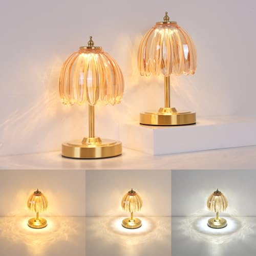 Shenmoyl Set of 2 Tulip Table Lamp with 5200mAh Battery & Touch Control, Cordless Small Table Lamp with 3 Colors, Rechargeable Battery Operated Table Lamps for Nightstand, Bedroom (Amber Tulip)