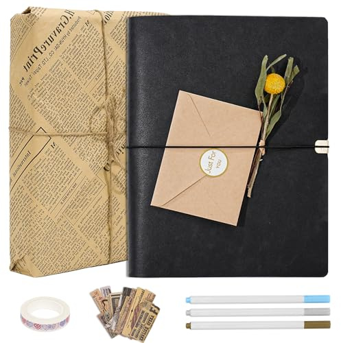 Vienrose Album Fotos Scrapbook, 50 Hojas, 100 Páginas, Papel Kraft, Negro | Libro de Recuerdos DIY, Tapa de Piel Sintética, Set de Suministros Vintage para Scrapbooking, Bodas, Pareja y Familias