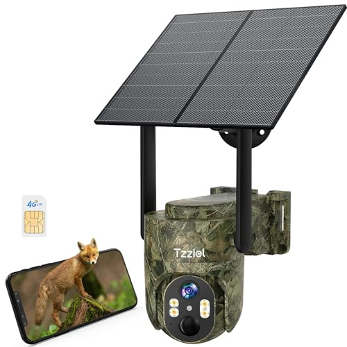 Tzziel 4G Überwachungskamera Aussen mit SIM Karte Kabellos Solar PTZ IP Kamera Outdoor mit Kamera überwachungs LTE,2K Kabellos Solar Kamera Outdoor mit Farb-Nachtsicht, PIR Personenerkennung, IP66