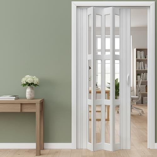 Kgfvesdc Puertas Correderas Para Cocina,Puerta Plegable Puertas Plegables De Pvc Blancas【W×H:150×180cm】Separador De Ambientes Corredizo,De Pvc Con Cristales Transparentes, Para Gabinete, Armario