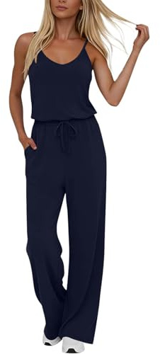Women's Cami Jumpsuit with Pockets Adjustable Spaghetti Strap V-Neck Wide Leg Jumpsuit Ladies Sleeveless Drawstring Waist Casual Loose Fit Romper Comfortable Summer Beach Lounge Bodysuit