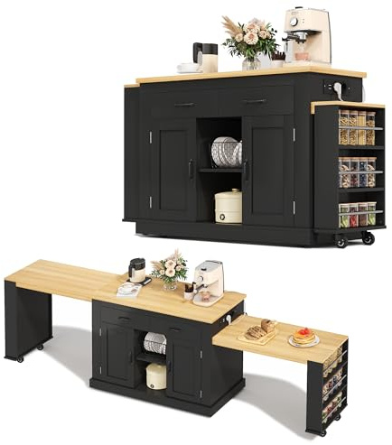 Merax Kücheninsel mit Zwei Ausziehbarer Bartisch, Küchenwagen, Kücheninsel mit Rollen, Steckdose, Stauraum, Schubladen, Mobile Insel Einziehbarem Bartisch für Esszimmer, Küche, Hausbar (Schwarz)