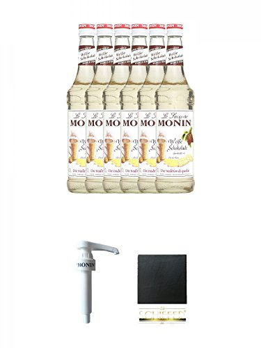 Monin weiße Schokolade 6 x 0,7 Liter + Monin Dosier Pumpe für 0,7 & 1,0 Literflasche + Schiefer Glasuntersetzer eckig ca. 9,5 cm Durchmesser
