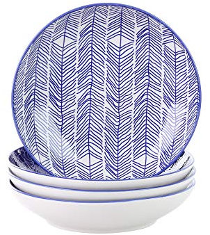 Vancasso Takaki Set 4 Pezzi Servizio da Tavola in Porcellana Set di Piatti Fondi Ceramica Combinazione, Piatti Piatto, Piatti da Dessert Insalata Pasta Pizza Tondo Blu con Bianca per 4 Persone