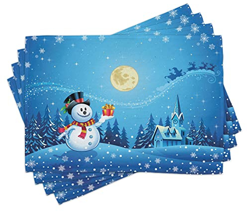 ABAKUHAUS Weihnachten Platzmatten, Schneemann Sanra Geschenk, Waschbare Stoff Esszimmer Küche Tischdekorations Digitaldruck, Gelb Blau