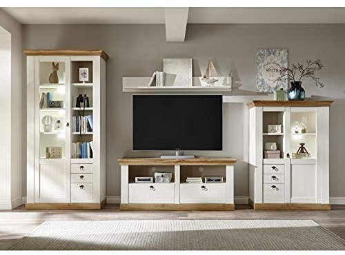 Lomadox Wohnwand im Landhaus Design in Pinie weiß und Wotan Eiche Nb., B/H/T ca.: 386/204/52 cm