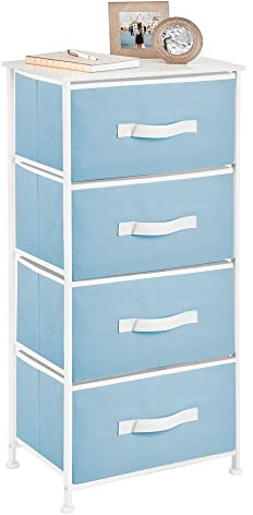 mDesign Kommode mit 4 Schubladen – praktischer Schubladenschrank mit MDF-Holzplatte für Schlafzimmer, Wohnzimmer oder Flur – Kleiderkommode aus Metall und Stoff – hellblau und weiß