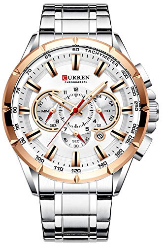 Curren Reloj de pulsera para hombre, tres subesferas, visualización de fecha, acero plateado, reloj de cuarzo deportivo, color blanco 8363, plata, 22, pulsera