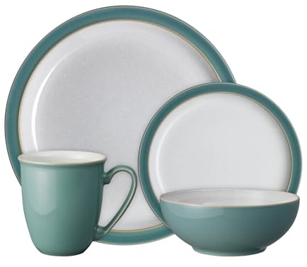 Denby - Elements Fern Green Dinner Set For 1-4 Piece Ceramic Tableware - Dishwasher Microwave Safe Crockery Single Place Setting - 1 x Dinner Plate, 1 x Small Plate, 1 x Cereal Bowl, 1 x Coffee Mug