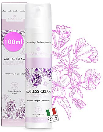 Crema Viso Antirughe Donna al Collagene Marino Concentrato [Assorbimento Rapido] AGELESS CREAM 100ml - Crema Viso Donna Antiage con Vitamina E e Peptidi - Pelle Più Giovane, Luminosa e Tonica AMADERM
