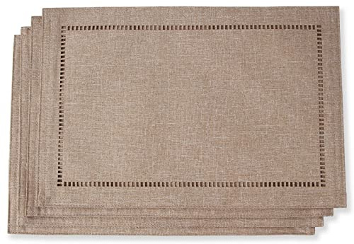 Tosewever Set of 4 Decorative Linen Placemats 12 x 18 Inches, Farmhouse Style Table Mats for Everyday Dining Wedding Party Holiday Home Decor (4 Pieces 12 x 18”, Light Coffee/Straight)