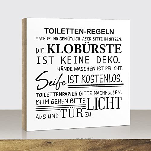 ARTLAND Holzbilder Mini Deko Poster Fotodruck auf Holz mit Spruch 15x15x2 cm zum Hinstellen/Aufhängen Genschenk-Idee Aufsteller WC Bad Badezimmer Toilette - Toiletten-Regeln U4CV