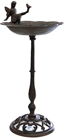 Spetebo Abbeveratoio per uccelli ELFE marrone antico in ghisa – 51 cm – Vasca per uccelli con piedistallo – uccellini per acqua bagno e abbeveratoio da giardino