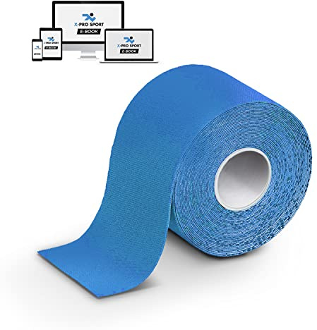 Kinesiologisches Tape 5m x 5cm, X-PRO SPORT Kinesio-Tape mit E-Book mit Anwendungsbeispielen, Muskelpflaster, Starkes widerstandsfähiges und elastisches Taping (1 X Blau)