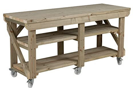 Arbor Garden Solutions Heavy Duty Mobile Workbench with Double Shelf, Pressure Treated Timber Workshop Table on Wheels - 8ft (240cm)