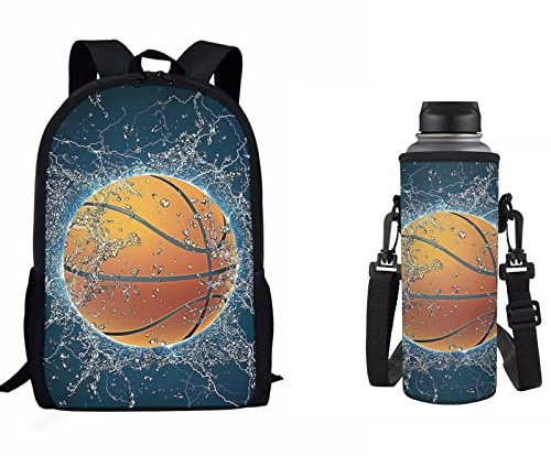 POLERO Schulbüchertaschen-Set für Jungen und Mädchen, lässiger Fußball-Rucksack + Wasserflaschenbezug, Tagesrucksack-Set, 2-teilig, Wasser-Basketball, 1000 ml, Schulranzen-Set