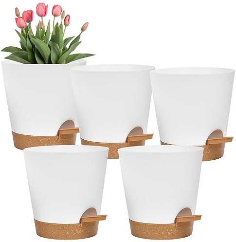 Beruyu 15cm Kunststoff Blumentopf mit Bewässerungssystem, 5er Set Selbstbewässerung Übertopf mit Untersetzer, Rund Pflanztopf für Innen- und Außenbereich Balkon Garten Pflanzen Sukkulenten, Weiß