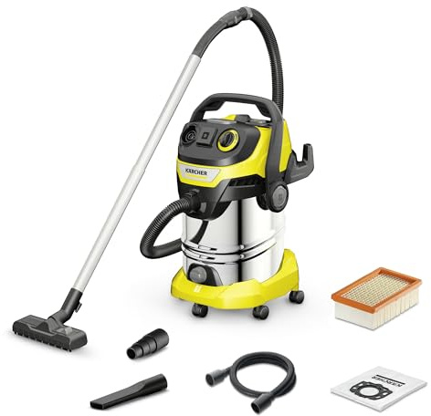 KÄRCHER Aspirateur Eau & Poussières WD 6 P S V-30/8/35/T, Prise Asservissement, Soufflerie, 1300W, Cuve INOX 30L, Flexible 3.5m, Filtre plissé Plat et Sac Non-tissé.