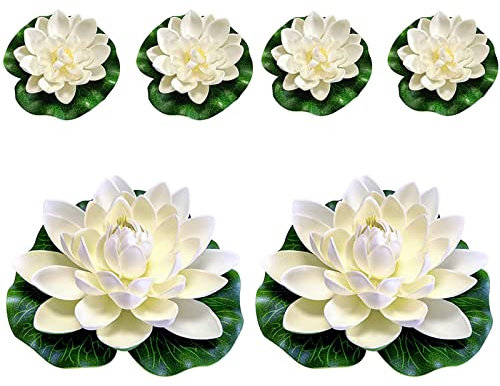 lohill 6 Stück Schwimmende Blumen, Künstliche Seerosen, schwimmend Lotusblüten, Wasserlilie Pflanzen, für Teiche Dekoration Gartenterrasse Pool Aquarium Dekoration (Weiß 10cm×6)