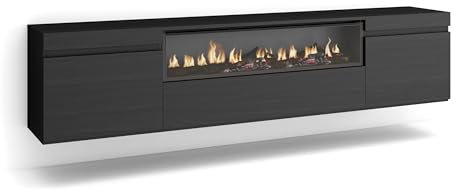 Skraut Home | TV-Schrank, Lowboard | für Wohnzimmer und Esszimmer | 200x45x35cm | Für TV-Geräte bis zu 80 | Elektrokamin. Maße | Hängend | Moderner Stil | Schwarz