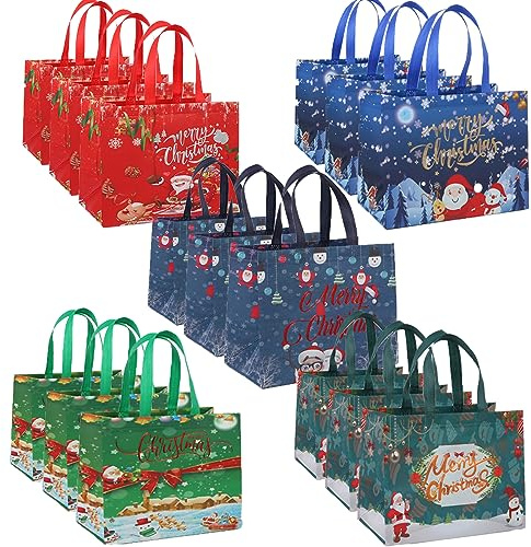 15Stück Große Weihnachts Geschenktüten,wiederverwendbare Einkaufstasche mit Griff, Vliesstoff-Weihnachtseinkaufstasche, faltbar, wasserdicht, für Weihnachts-Geschenk, Party-Dekoration