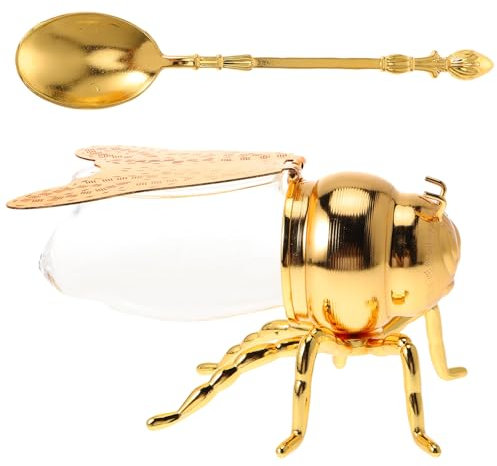 BESTonZON Spice Container Bee Honeypot Creative Metal Honey Containers with Dipper Beautiful Shaped Honey Jar Novelty Bee Honey Pot Decorative Ornament Salt Jar