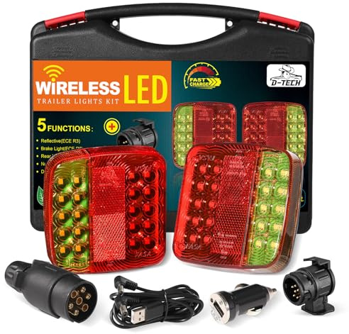 D-TECH Wasserdicht Kabellos LED Rückleuchten Mit Magnet 12V 24V Bluetooth für Anhänger, Traktor - 13 Auf 7 Polig Adapter, Magnetisch Akku