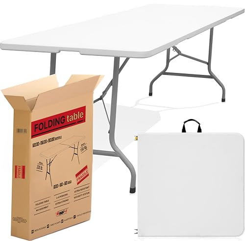 Mesa catering plegable y portátil auxiliar rectangular. 180 x 70 cm – Para 6 personas y 150Kg. Para comedor, salón, camping, escritorio, cocina, jardín, camilla… Exterior e interior. Resina y acero