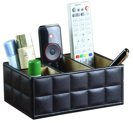 SENRISE Remote Control Holder, 4 Compartments, Desktop Supply Organizer PU Leather Storage Caddy Box, Desk Remote Caddy Storage Organizer for Controller, Phone, Office Stationery Storage (Black)