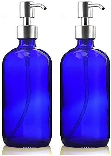 Dispensador de jabón líquido de 2 x 500 ml, Botella de Vidrio Azul Cobalto vacía de 16 onzas con Bomba de Acero Inoxidable para desinfectante de Manos, lociones caseras, dispensador de jabón