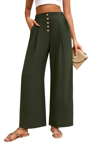 TOMEEK Pantalon Fluide Femme Eté Large Taille Haute Femme Chic et Elegant avec Poches Large Casual Décontractée Léger Ample Pants, Vert armée, Taille M
