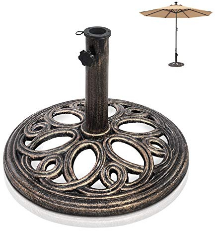 GOPLUS Base de Sombrilla Metálica Resistente a la Intemperie | Soporte de Parasol para Poste 38–48mm, Redondo de Hierro Fundido, Estable para Patio Jardín Terraza Piscina, Bronce