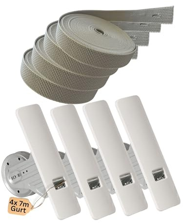 Rollwin 4 avvolgitori per tapparelle da incasso da 165 mm a 185 mm, distanza tra i fori – con cinghia da 7 m, cinghia da 23 mm con avvolgitore per cinghia, apertura a clip, colore bianco, avvolgicavo,