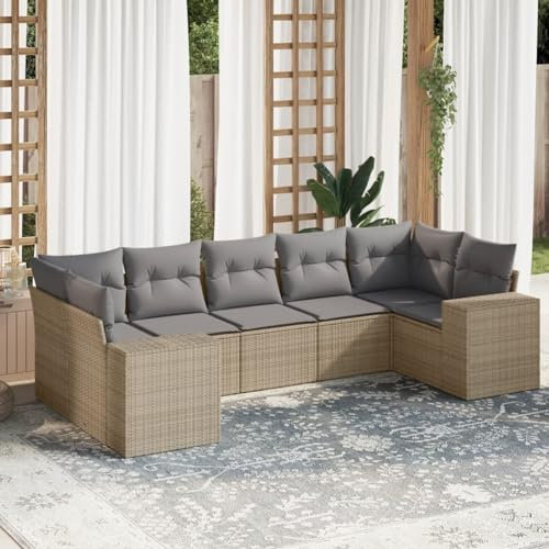 SECOLI Rattan Gartenlounge Con Stauraum XXL Loungemöbel Set Terrassenmöbel Loungesofa Sitzgruppe Rattan Ecklounge Gartenmöbel Set Balkon Möbel Beige 7-TLG-Type-296