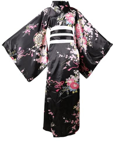 ZNLFS Vestaglia da Donna Kimono Giapponese Tradizionale Kimono Geisha Yukata Accappatoio Costume Cosplay per Halloween, Nero, One Size