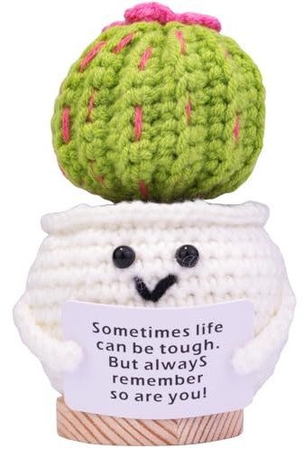 MuMyer Divertente cactus positivo all'uncinetto, fatto a mano, in lana, con supporto emotivo, decorazione per auto, cruscotto, regalo, con base in legno, per auto, casa e ufficio (B)