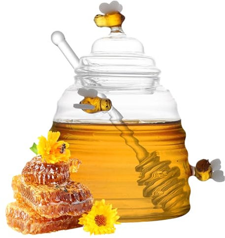 Honey Pot and Drizzler 450ml Honey Jar with Dipper and Lid Glass Honey Bottle Honey Container for Home Kitchen Accessories L Kitchen