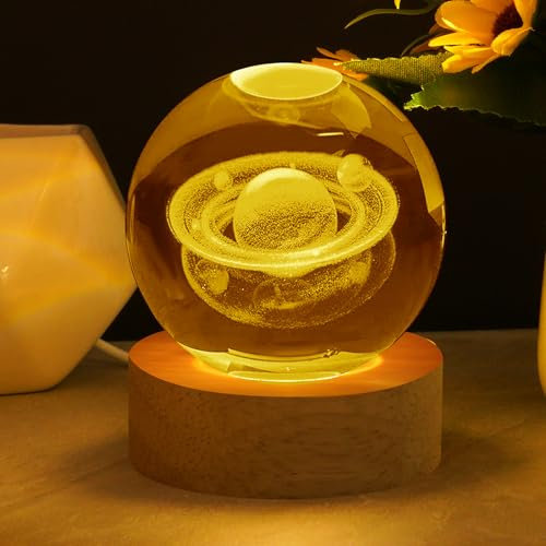 Vicloon 3D Saturno Sfera di Cristallo, Luce Notturna per Bambini a Forma di Sfera in Vetro, lampada da notte con base in legno, Decorazione in Cristallo Regali per bambini Bianco Caldo