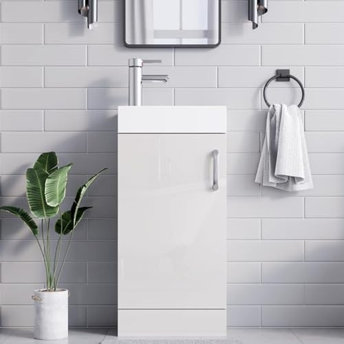 BELOFAY White 400mm Floor Standing Bathroom Vanity Unit With Basin - Lacquered Cloakroom Vanity Unit with 1 Tap Hole and Soft Close Hinges with WASTe (New York White)