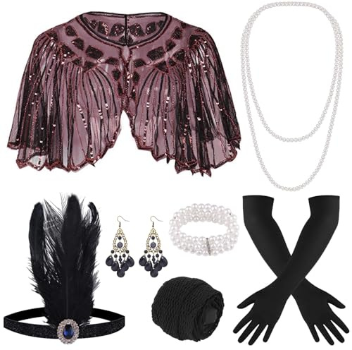 ELFIN 9-teiliges 1920er Flapper Great Gatsby Accessoires-Set Fashion Roaring 20's Theme Set mit Stirnband, Kopfbedeckung, langen schwarzen Handschuhen, Halskette, Schwarz Rot