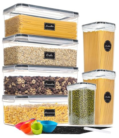Comfivibe Contenitori ermetici per alimenti, Contenitori pasta, 7 Contenitori cucina, con 16 etichette, 1 pennarello e 3 tazza di misura, Scatola sigillata, a prova di umidità con coperchio (3 Taglie)