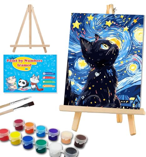 WEMEON Cat Paint by Numbers Kit for Children with Framed- Easy Paint by Number Crafts for Kids Ages 4-8-12, Simple Painting Kits for Kids for Gift Home Wall Decor(8x12Inch)