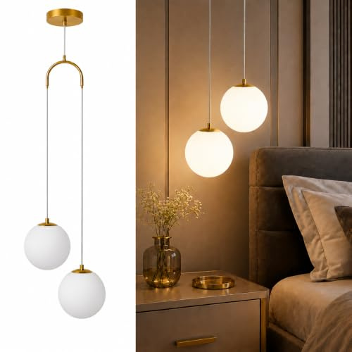 Wylolik Moderne Minimalistische Pendelleuchte,2 Leuchten Weiße Glasanhängerleuchten, Höhenverstellbar Kronleuchter Geeignet Für Schlafzimmer Esszimmer Küche Wohnzimmer Büro Loft Beleuchtung(Gold)